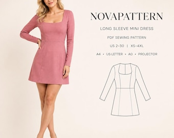 Long Sleeve Mini Dress Sewing Pattern | Square Neck Bodycon Dress | Elegant Party or Casual Outfit | Easy PDF Sewing Pattern for Women