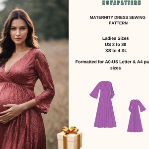Patrón de costura de vestido de maternidad, tallas de mujer: EE. UU. 2 a 30, Xs a 4 XL, formato A0, A4, papel carta de EE. UU.