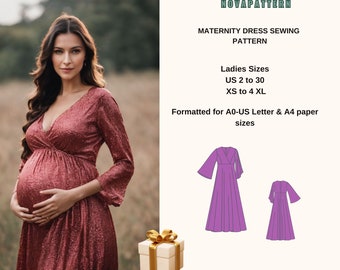 Maternity Gown Dress Sewing Pattern,Ladies Sizes ; US 2 to 30-Xs to4 XL ,Formatted A0, A4 ,US Letter Paper.