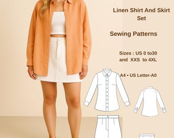 May include: An orange linen shirt and white skirt set. The shirt is buttoned and worn over a white crop top. The skirt is a mini skirt. The image also includes sewing patterns for the shirt and skirt. The text on the image says "Linen Shirt And Skirt Set" and "Sewing Patterns".