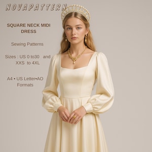 Linen Square Neck Dress Sewing Pattern: Fairy Cottagecore Style (PDF Pattern, US 2-30, XS-4XL)