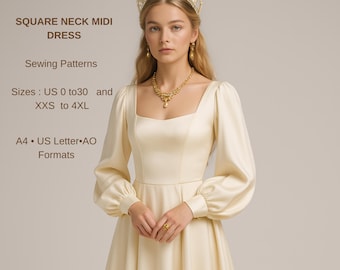 Square Neck Midi Dress Sewing Pattern | Elegant Bishop Sleeve Dress PDF | Princess Style Pattern | A4 A0 US Letter Printable