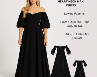 Open schouder galajurk formele maxi-jurk naaipatroon, maten: VS 2 tot 30 en XS tot 4XL, geschikt voor A0-A4-VS-letters