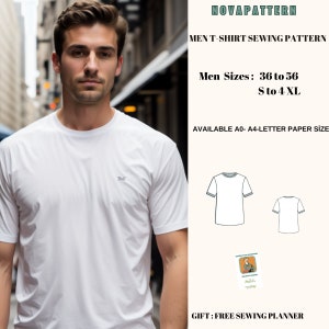 Peut inclure: Patron de couture pour t-shirt blanc pour homme, disponible en tailles 36 à 56 (S à 4XL). Le patron est disponible en formats A0, A4 et lettre. L'image montre un homme portant un t-shirt blanc et un schéma du patron.
