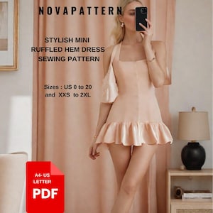 Patrón de vestido mini elegante con cuello halter, adecuado para tallas A0-A4-US Carta// Damas; US 2 a 20 // XS a 2XL
