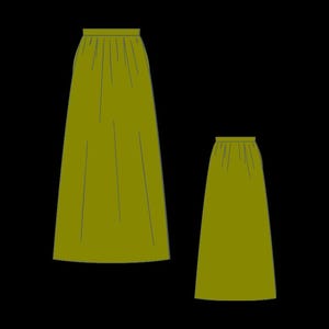 May include: Two olive green skirts of different lengths, both featuring a high-waisted design with a gathered, pleated waistband and a straight, floor-length silhouette that flows downward from the waist to the hemline in a simple, clean cut.