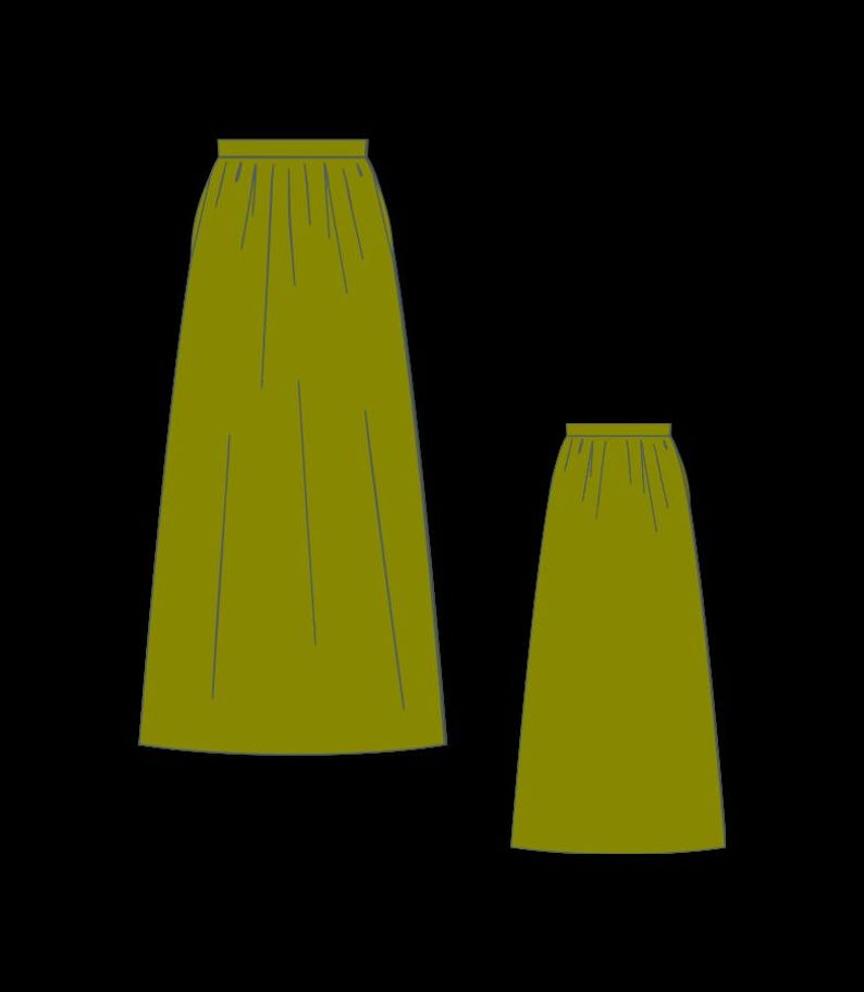 May include: Two olive green skirts of different lengths, both featuring a high-waisted design with a gathered, pleated waistband and a straight, floor-length silhouette that flows downward from the waist to the hemline in a simple, clean cut.