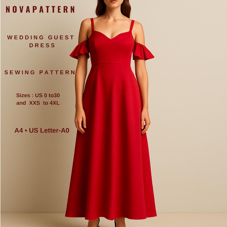 Patrón de costura para vestido largo de invitada de boda en satén, tallas: US 2 a 30 y XS a 4XL, apto para tamaños A0, A4 y Carta (US Letter). imagen 1