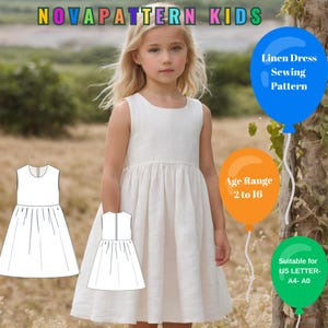 Patrón de costura de vestido de verano de lino fruncido, vestido de niña sin mangas con gorra acampanada, adecuado para tamaño A4-A0-US Letter-DXF, rango de edad 2-16 años