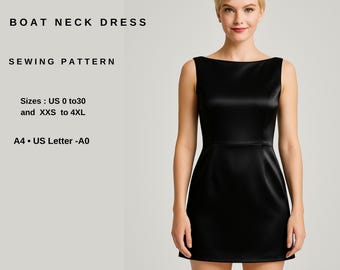 Boat Neck Dress Sewing Pattern | Elegant Sleeveless Mini Dress PDF | Classic Shift Dress Pattern | Simple Cocktail Dress DIY Outfit