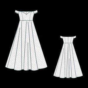 Puede incluir: Dos vestidos blancos con hombros descubiertos. Los vestidos tienen un escote en V y una falda plisada. El vestido m&aacute;s grande tiene una falda m&aacute;s larga que el m&aacute;s peque&ntilde;o. Los vestidos est&aacute;n dibujados con contornos negros.