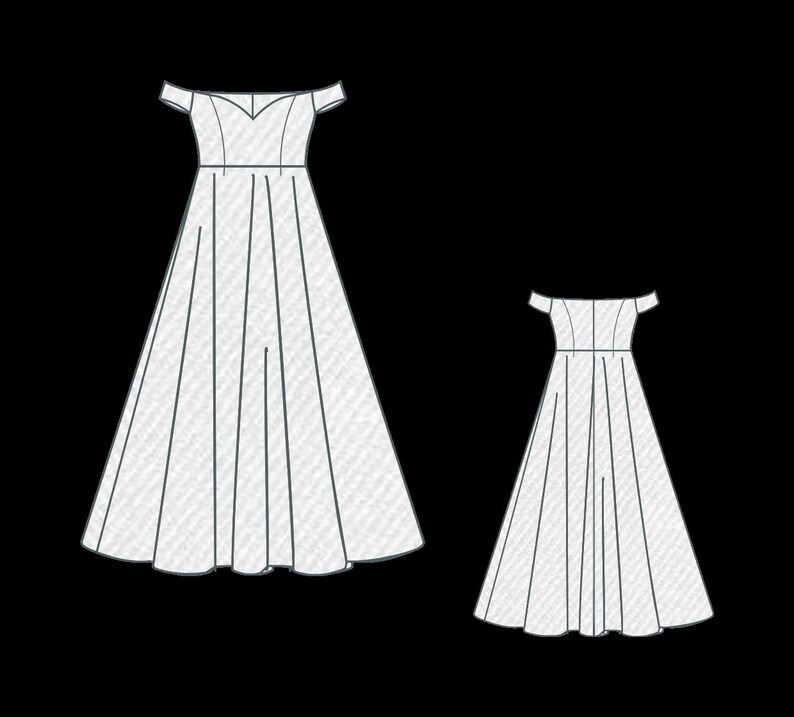 Puede incluir: Dos vestidos blancos con hombros descubiertos. Los vestidos tienen un escote en V y una falda plisada. El vestido m&aacute;s grande tiene una falda m&aacute;s larga que el m&aacute;s peque&ntilde;o. Los vestidos est&aacute;n dibujados con contornos negros.