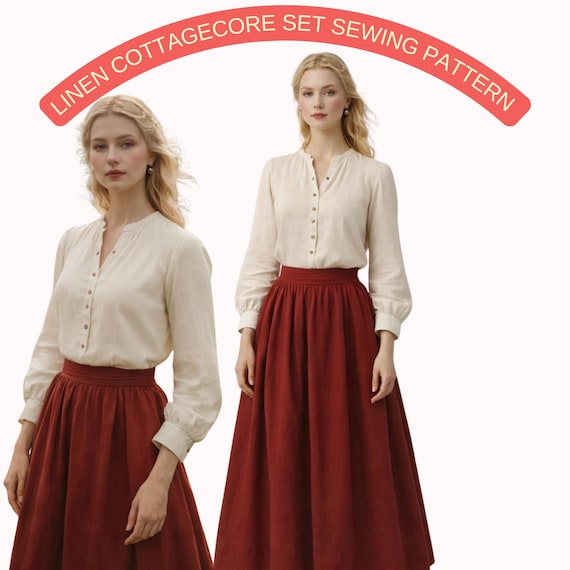 Linen Cottagecore Skirt Set Sewing Pattern, Vintage Blouse and Gathered Midi Skirt PDF, Peasant Top Pattern, A4 A0 US Letter Sizes, DIY