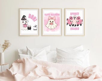 Pastel Pink Halloween Ghost Print Set: Kawaii Spooky Decor (Digital Download)