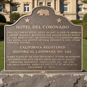 Puede incluir: Una placa hist&oacute;rica de bronce para el Hotel del Coronado con un emblema de oso, dos estrellas y texto grabado que detalla su construcci&oacute;n en 1887, su importancia arquitect&oacute;nica y su estatus como California Registered Historical Landmark n.&ordm; 844.