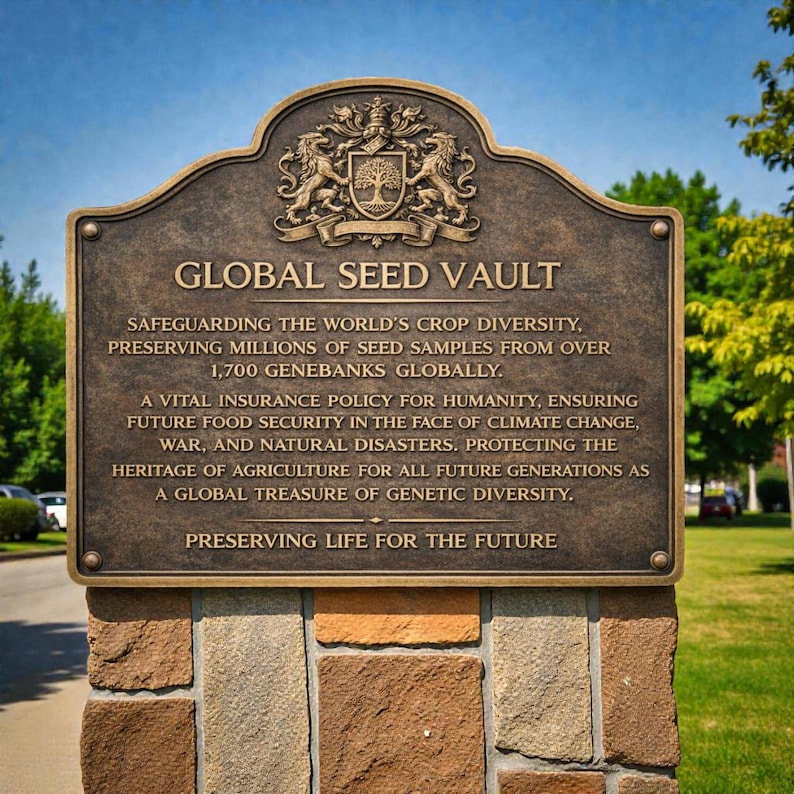 Puede incluir: Una placa de metal color bronce montada sobre un pilar de piedra. La placa presenta un escudo con dos leones y un &aacute;rbol, y el texto: GLOBAL SEED VAULT. SAFEGUARDING THE WORLD'S CROP DIVERSITY, PRESERVING MILLIONS OF SEED SAMPLES. PRESERVING LIFE FOR THE FUTURE.