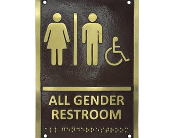 Restroom sign with braille - Wc sign metal - All gender restroom plaque - Pee Pee room -  Antique Solid Brass Toilette Sign