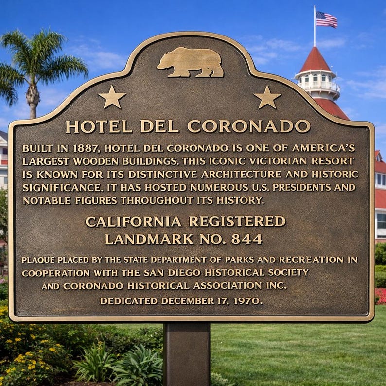 Puede incluir: Una placa hist&oacute;rica de metal color bronce para el Hotel del Coronado, con un emblema de oso, dos estrellas y texto en relieve que detalla su construcci&oacute;n en 1887, su estatus como California Registered Landmark No. 844 y su fecha de dedicaci&oacute;n.