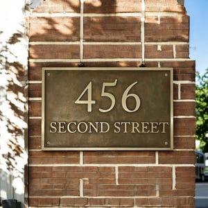 May include: A rectangular bronze-colored metal plaque mounted on a brick wall. The plaque features the number 456 in large, raised numerals above the text SECOND STREET in smaller, raised capital letters, secured by four visible corner screws.