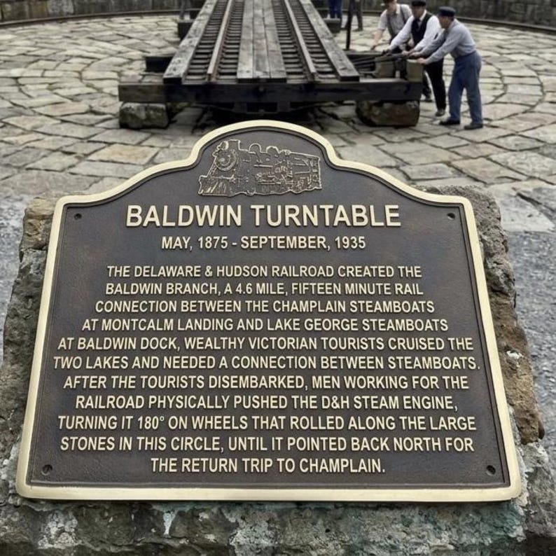 Puede incluir: Una placa hist&oacute;rica de metal color bronce titulada Baldwin Turntable, mayo de 1875 - septiembre de 1935. La placa presenta un relieve de una locomotora de vapor y un texto detallado que explica la historia de la conexi&oacute;n ferroviaria Delaware & Hudson.
