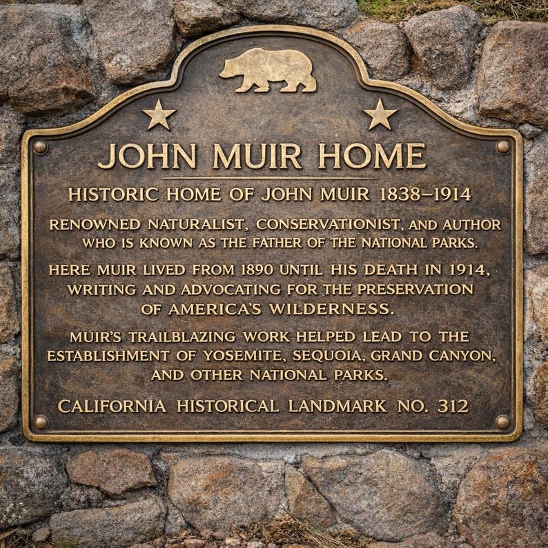 Puede incluir: Una placa de metal color bronce con un emblema de oso y dos estrellas en la parte superior. El texto dice: JOHN MUIR HOME, HISTORIC HOME OF JOHN MUIR 1838-1914, RENOWNED NATURALIST, CONSERVATIONIST, AND AUTHOR, CALIFORNIA HISTORICAL LANDMARK NO. 312.