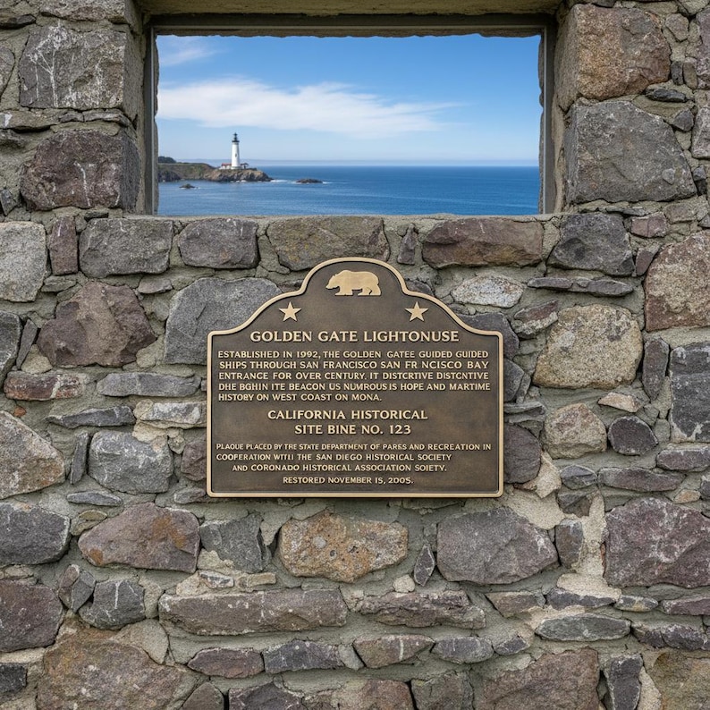 Puede incluir: Una placa hist&oacute;rica de bronce montada en un muro de piedra rugosa, con un emblema de oso, dos estrellas y texto sobre el faro Golden Gate. Sobre la placa, una abertura rectangular revela la vista de un faro en la costa.