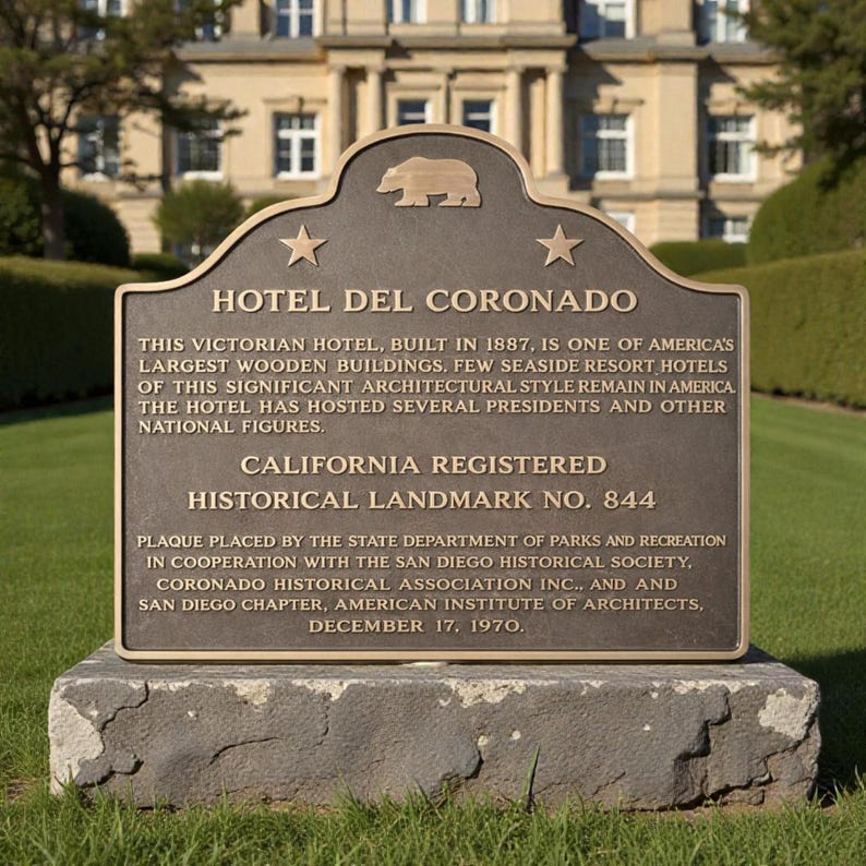 Puede incluir: Una placa hist&oacute;rica de bronce para el Hotel del Coronado con un emblema de oso, dos estrellas y texto grabado que detalla su construcci&oacute;n en 1887, su importancia arquitect&oacute;nica y su estatus como California Registered Historical Landmark n.&ordm; 844.
