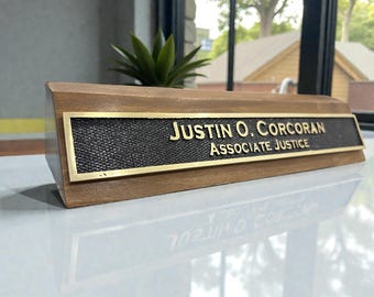 personalized Desk Nameplate - customized office signs with wooden base - corporate gifts - Name sign - New colleague gift - brass desk sign