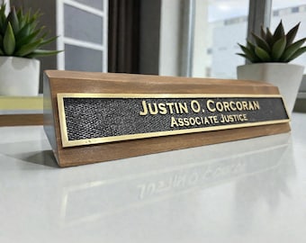 personalized Desk Nameplate - customized office signs with wooden base - corporate gifts - Name sign - New colleague gift - brass Nameplate