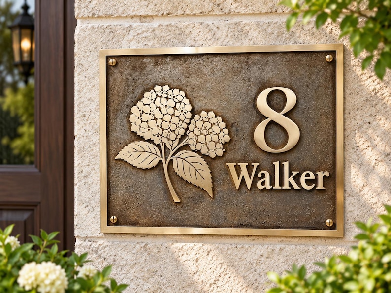 May include: A rectangular bronze house plaque featuring a raised brass number 8 and the name Walker in a serif font. The plaque includes a detailed relief of two hydrangea flower clusters with leaves, secured by four brass corner screws.