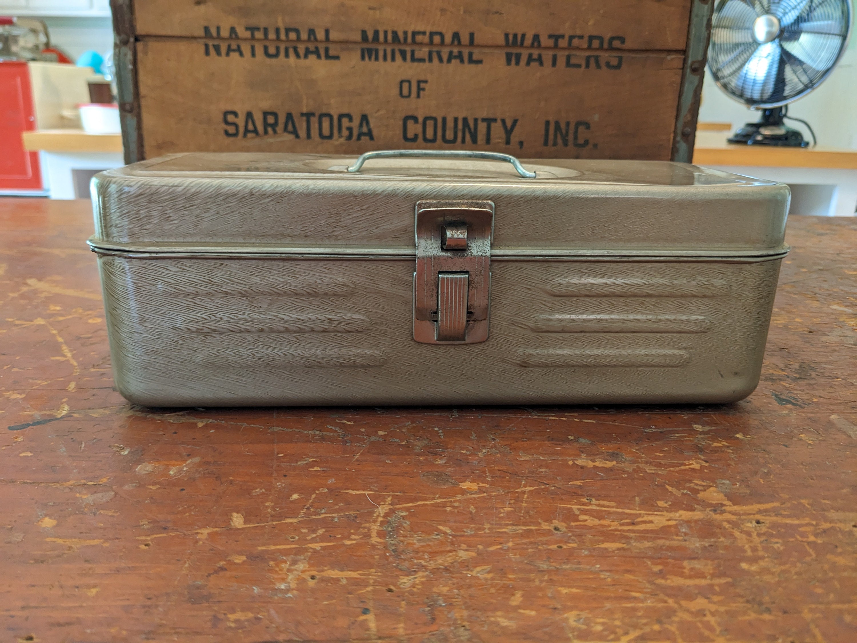Vintage Union Steel Utility Chest Pat No 3151566, tan toolbox, storage chest