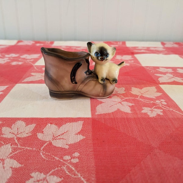 Vintage Enesco Siamese Cat and boot toothpick holder figurine, knick knacks, kittens, kitty collectibles, table decor