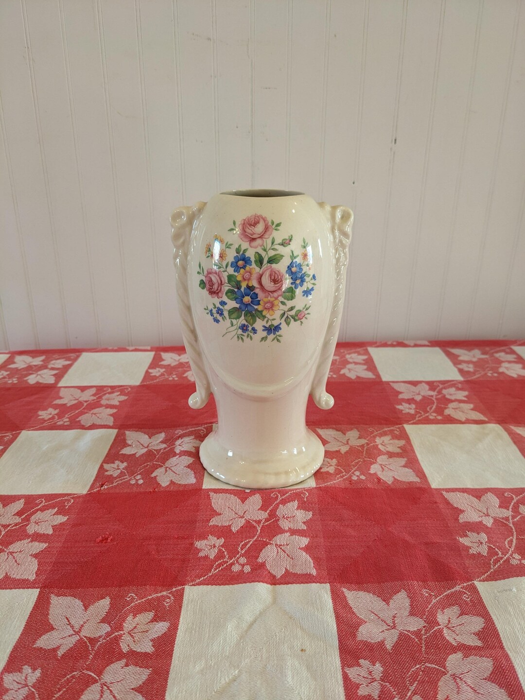 Vintage Ceramic Urn Vase With Pink Floral Design Farmhouse Etsy