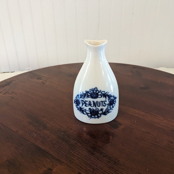 Vintage Porsgrund Norway Peanut dispenser in white ceramic with blue floral Peanuts design