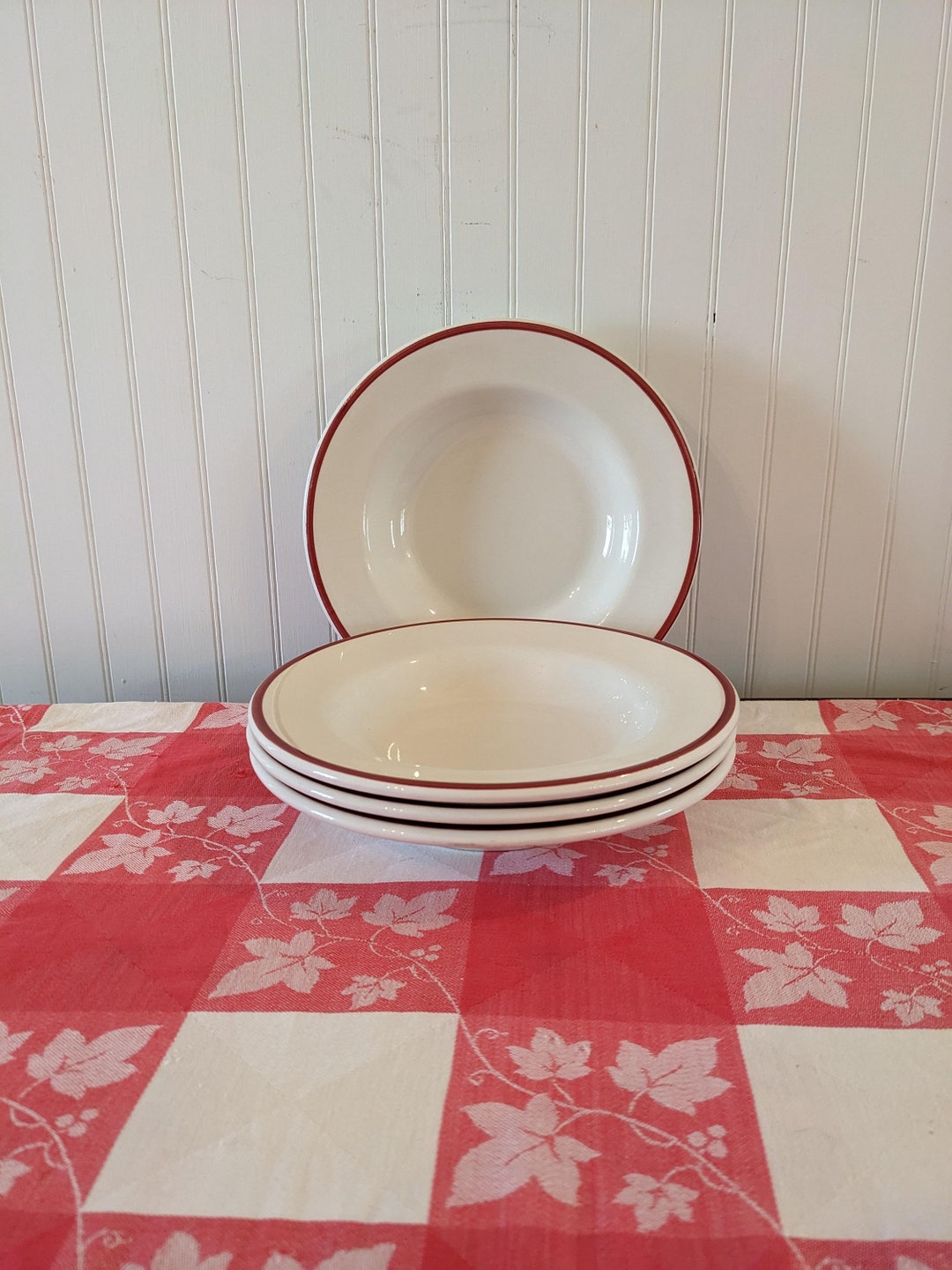 4 Vintage Restaurant Ware Soup Bowls With Red Rims 9 Etsy