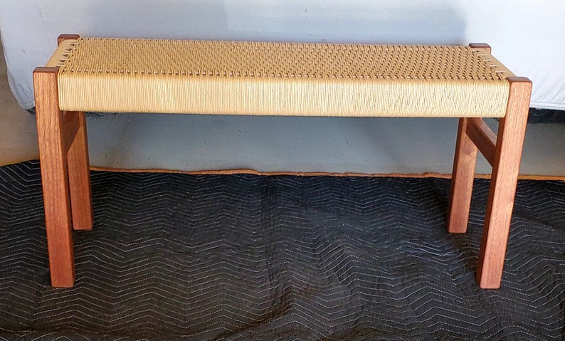 Beautiful ribbon stripped sapele wood bench, with a hand-woven danish cord seat image 2