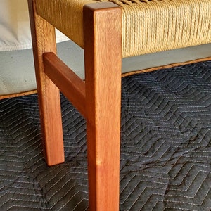 Beautiful ribbon stripped sapele wood bench, with a hand-woven danish cord seat image 5