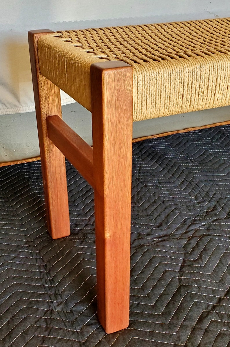 Beautiful ribbon stripped sapele wood bench, with a hand-woven danish cord seat image 5