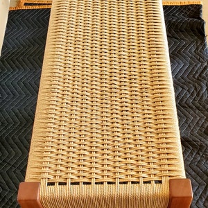 Beautiful ribbon stripped sapele wood bench, with a hand-woven danish cord seat image 7