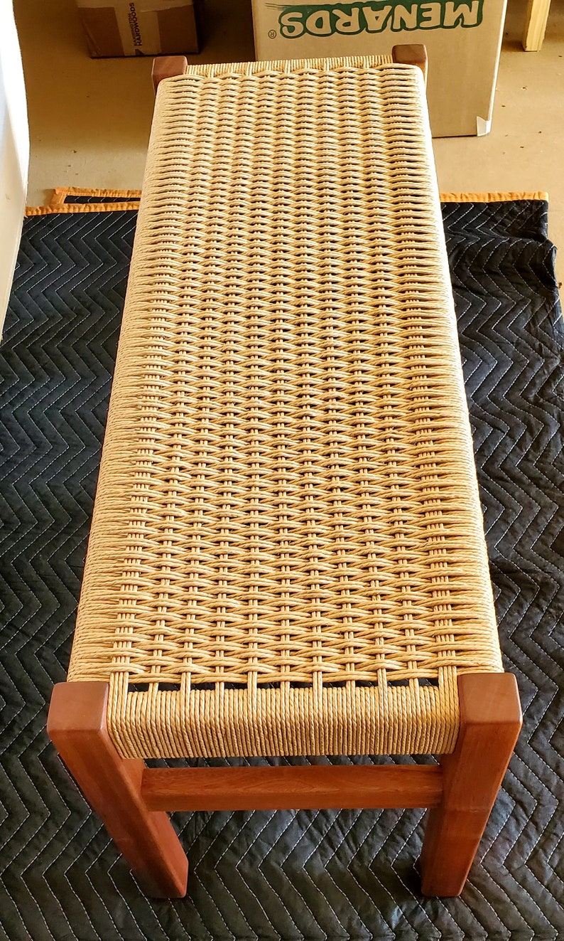 Beautiful ribbon stripped sapele wood bench, with a hand-woven danish cord seat image 7