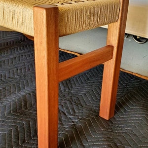 Beautiful ribbon stripped sapele wood bench, with a hand-woven danish cord seat image 4