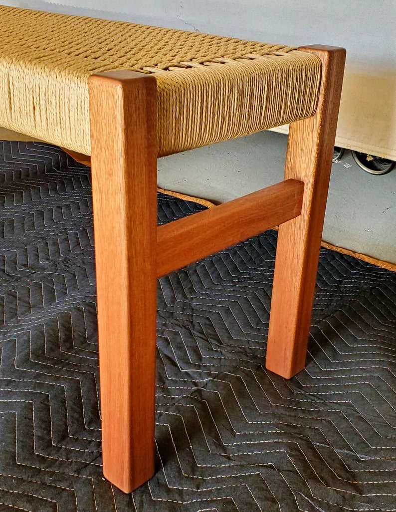 Beautiful ribbon stripped sapele wood bench, with a hand-woven danish cord seat image 4