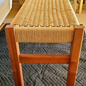 Beautiful ribbon stripped sapele wood bench, with a hand-woven danish cord seat image 6