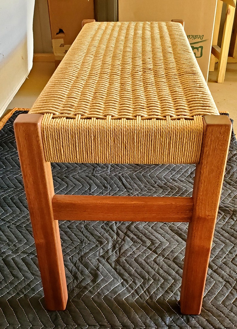 Beautiful ribbon stripped sapele wood bench, with a hand-woven danish cord seat image 6