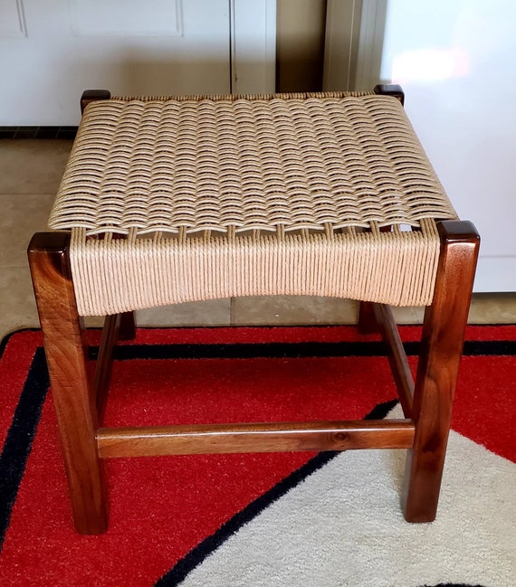 Handmade Walnut Foot-stool With Danish Cord Woven Seat. 