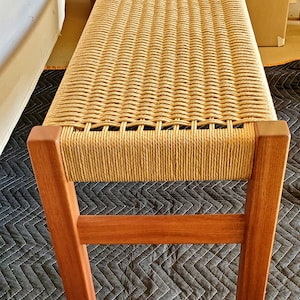 Beautiful ribbon stripped sapele wood bench, with a hand-woven danish cord seat image 1