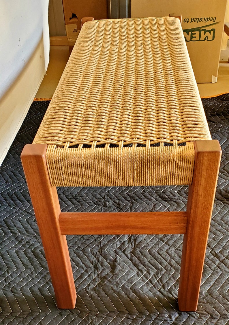 Beautiful ribbon stripped sapele wood bench, with a hand-woven danish cord seat image 1