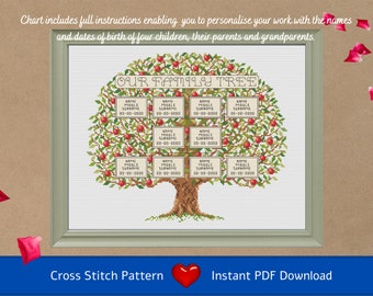 Cross Stitch Chart (PDF Download) Tree of Life – record 4 children, their parents and grandparents in cross stitch, including dates of birth
