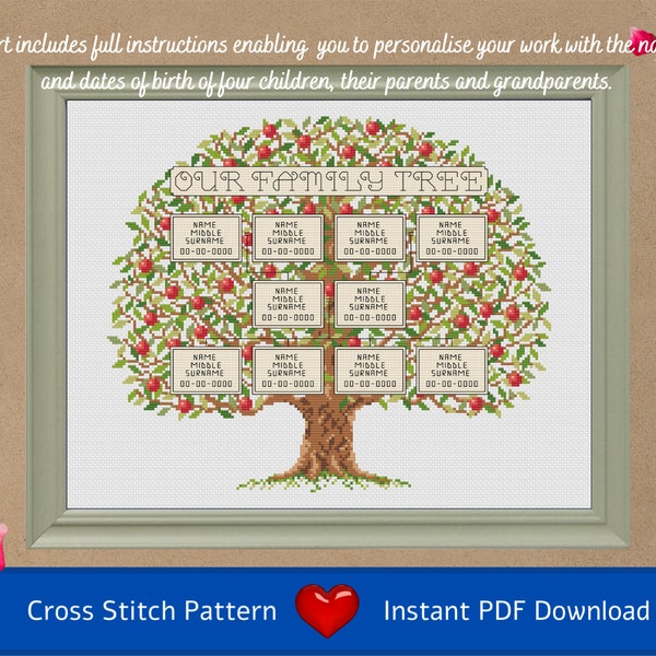 Cross Stitch Chart (PDF Download) Tree of Life – record 4 children, their parents and grandparents in cross stitch, including dates of birth