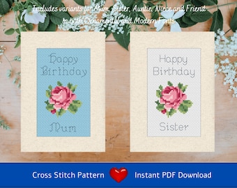 Cross Stitch Chart (PDF Download) Card design - Birthday Rose - Variants for Mum, Sister, Auntie, Niece & Friend. Decorative or Modern font.